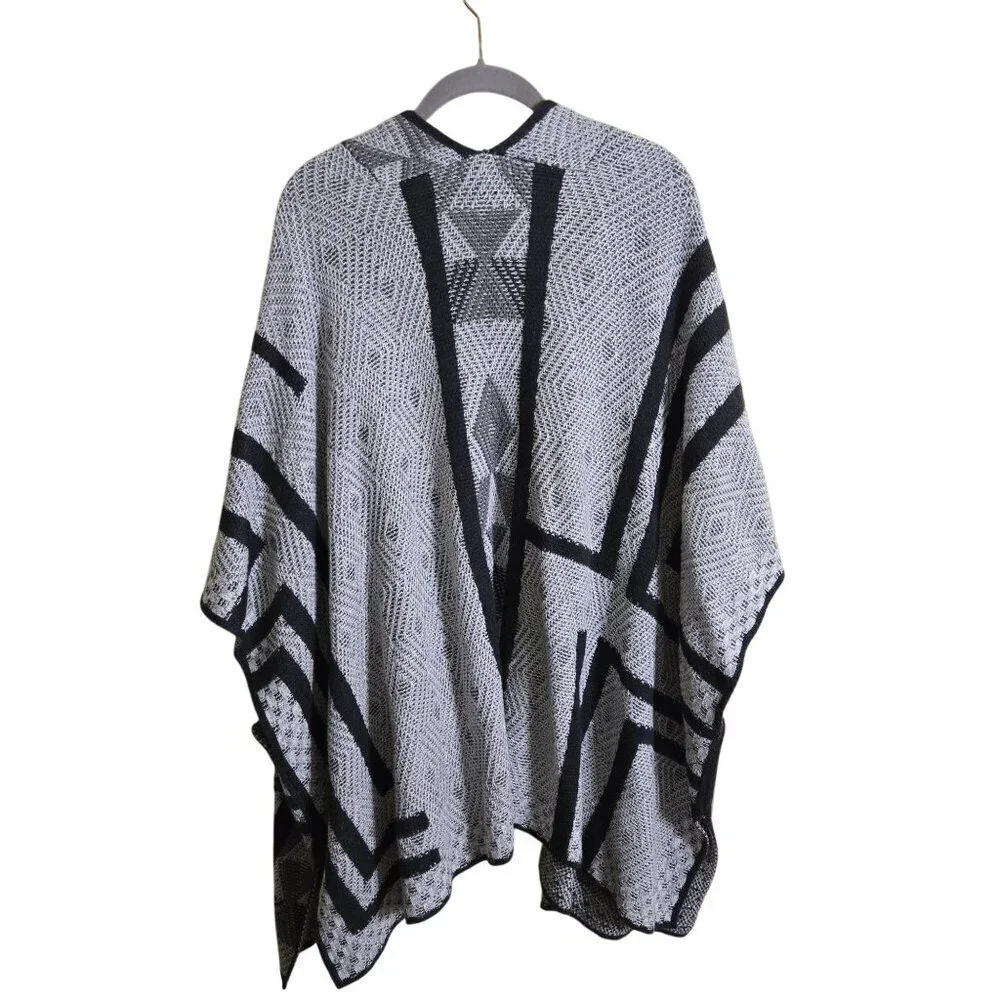 Lucky Brand Intarsia Poncho Neutral Black Gray Cotton Blend One Size